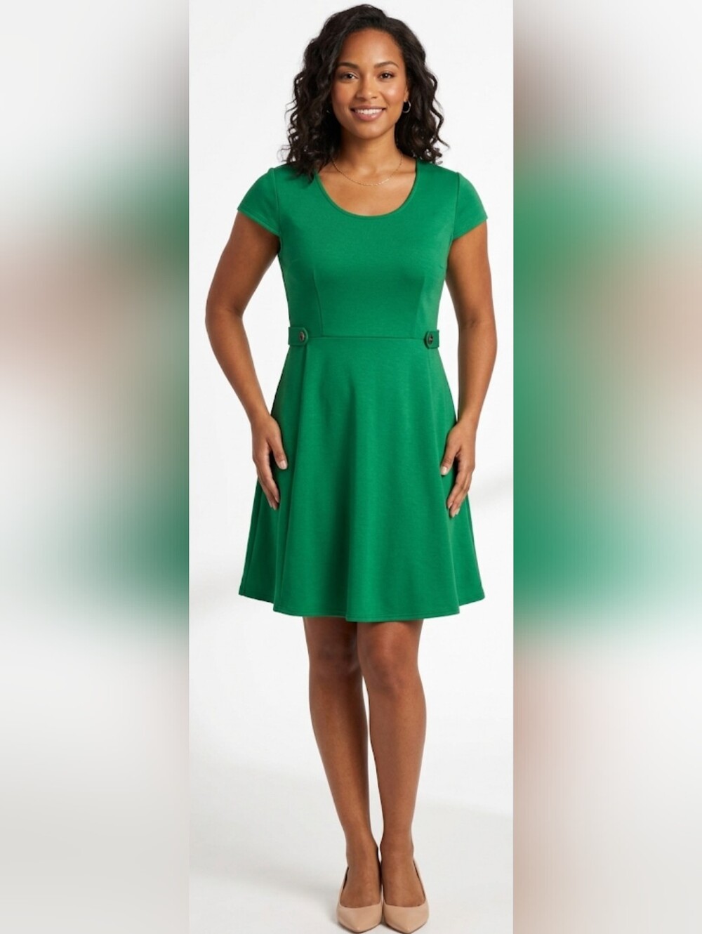 Annabella Feminine Green Cap Sleeves Fit & Flare Soft Stretch Dress M NWT